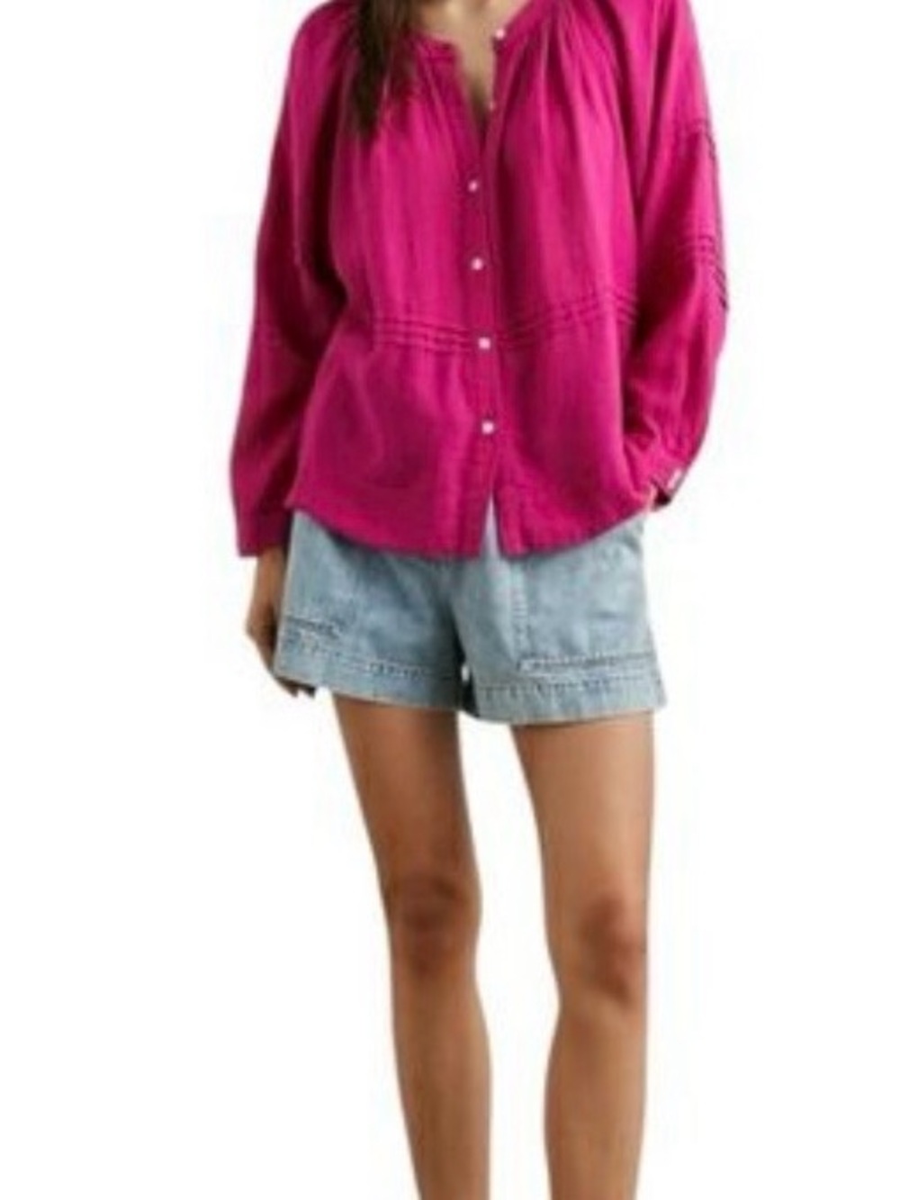 Rails Frances Radiance Linen blend  Fuchsia Button-Up Peasant Blouse Top
